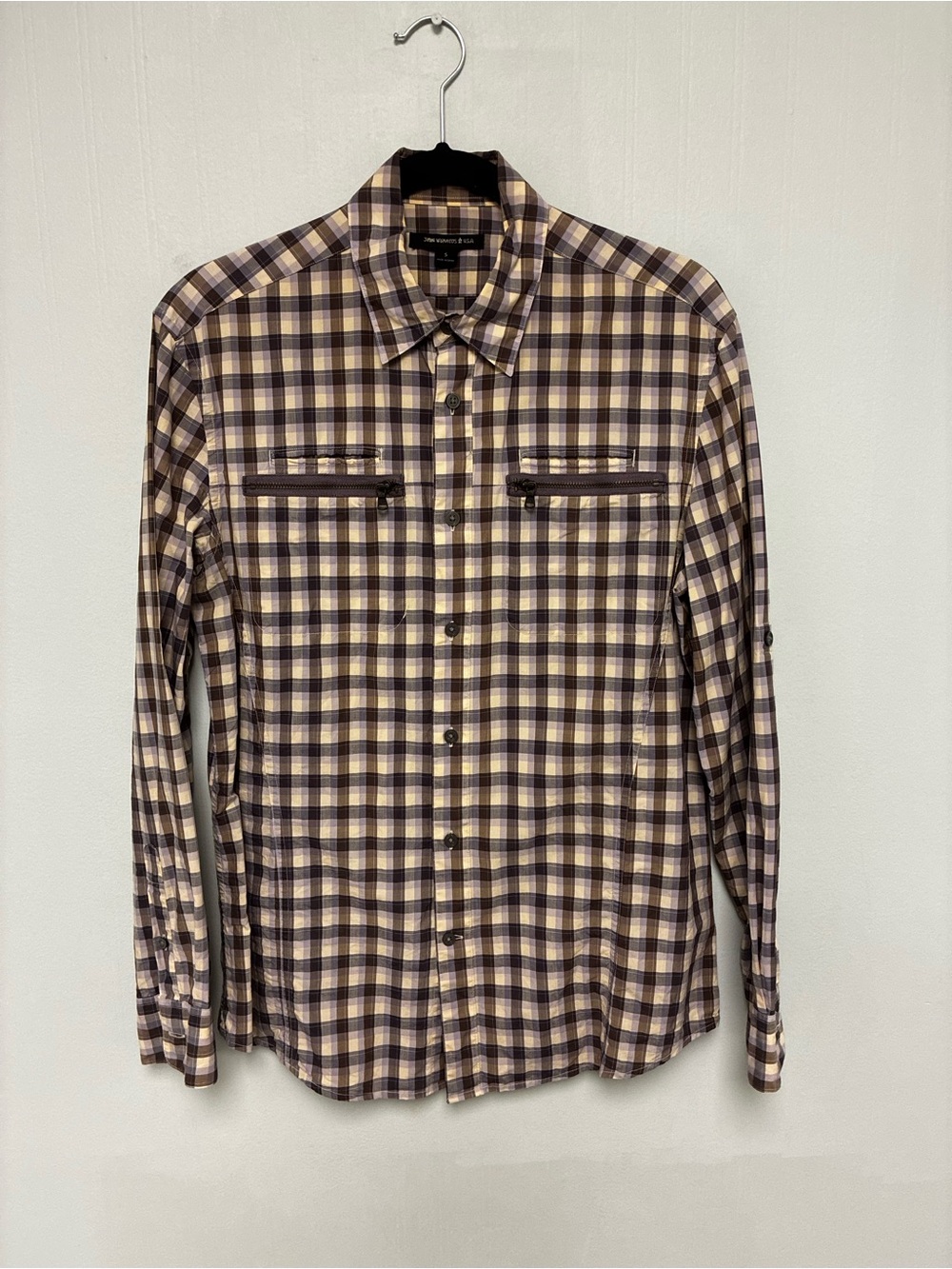 John Varvatos brown and beige checkered button-up shirt in size Small